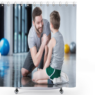 Personality  Boy With Young Man At Fitness Center Shower Curtains