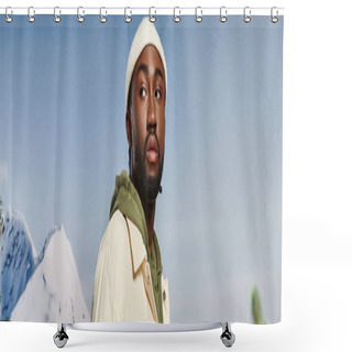 Personality  Handsome Stylish Man In White Beanie Hat Looking Away With Mountain Backdrop, Winter Fashion, Banner Shower Curtains