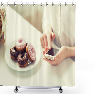 Personality  Close Up Of Hands With Smart Phone And Donuts Shower Curtains