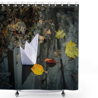 Personality  White Paper Boat And Fallen Autumn Leaves Shower Curtains