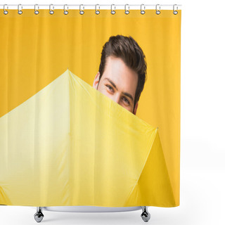 Personality  Handsome Man Covering Face With Umbrella Isolated On Yellow Shower Curtains