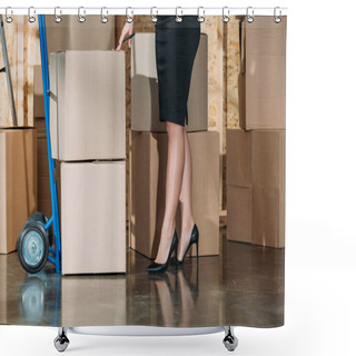 Personality  Close-up View Of Businesswoman Standing By Stack Of Cardboard Boxes Shower Curtains