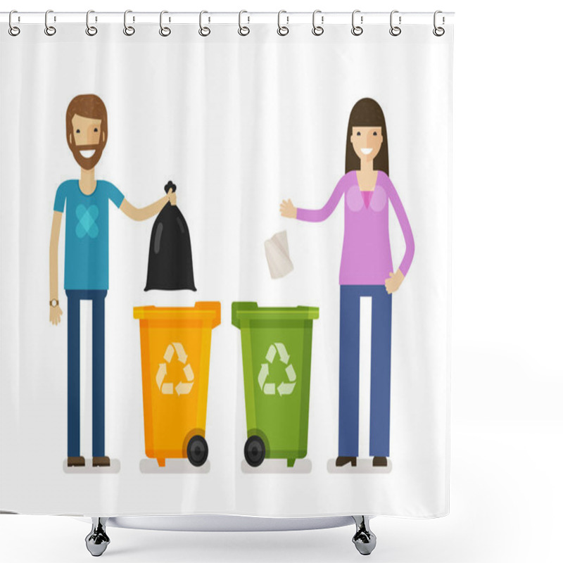 Personality  Trash Bin, Garbage Can In Flat Design Style. Ecology, Environment Symbol, Icon. Cartoon Vector Illustration Shower Curtains