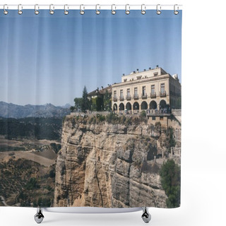 Personality  Scenic View Of Building On Rock Against Mountains Landscape, Ronda, Spain Shower Curtains