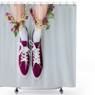 Personality  Partial Top View Of Female Legs With Flowers In Socks Isolated On Grey Shower Curtains