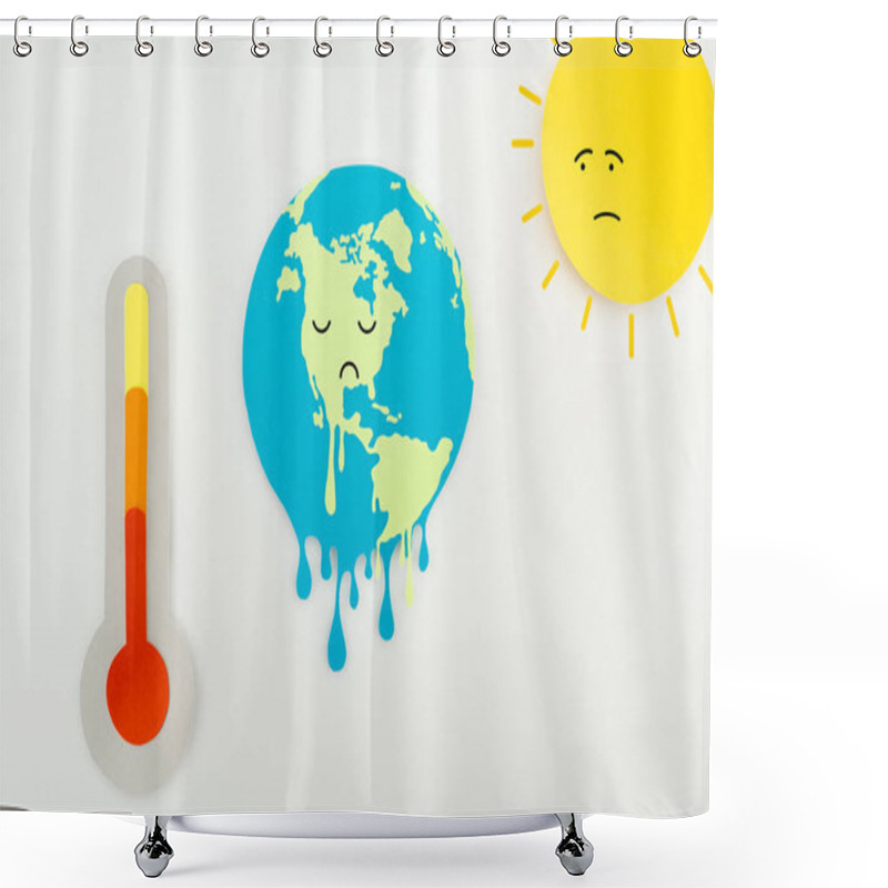 Personality  paper cut sun and melting earth with sad faces expression, and thermometer with high temperature indication on scale on grey background, global warming concept  shower curtains