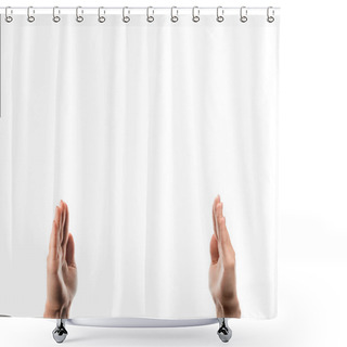 Personality  Cropped View Of Woman With Raised Hands Isolated On White  Shower Curtains