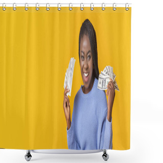 Personality  Emotional Afro Girl With Dollar Cash Over Yellow Background Shower Curtains