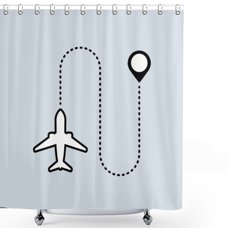 Personality  The Plane Flies Icon. Map Pointer. Trip Concept. Vector On Isolated Background. EPS 10. Shower Curtains