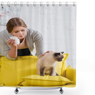 Personality  Siamese Cat Sitting On Couch Near Woman With Allergy Reaction And Napkin   Shower Curtains