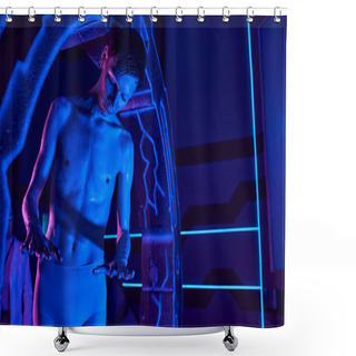 Personality  Scientific Discovery, Alien Looking At Hands Near High-tech Device In Neon-lit Innovation Hub Shower Curtains