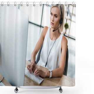 Personality  Selective Focus Of Attractive Woman In Headset Typing On Computer Keyboard  Shower Curtains
