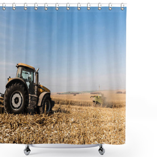 Personality  Tractors Harvesting Golden Field Against Blue Sky  Shower Curtains