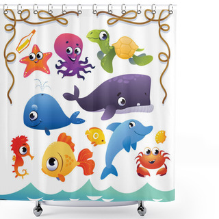 Personality  Vector Set Of Cute Sea Animals And Rope Frame. Shower Curtains
