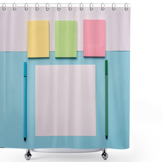 Personality  Note Papers And Pen Above Coloured Backdrop. Pastel Colour Stationary Placed On The Top Of Soft Huedtone Surface. Artistic Way In Arranging Flat Lays Photography Shower Curtains