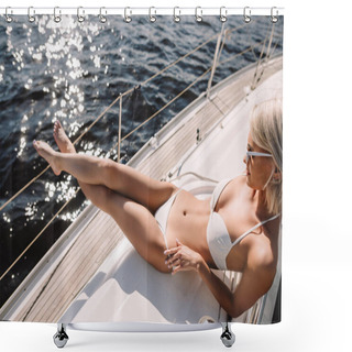Personality  Beautiful Young Woman In Sunglasses And Bikini Having Sunbath On Yacht  Shower Curtains