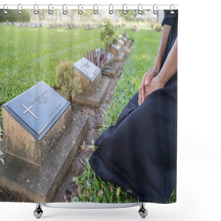 Personality  Mourning Young Woman Kneeling At Her Family Grave In Beautiful Green Cemetery. Mourning Concept. Shower Curtains