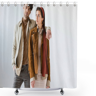 Personality  Handsome Man Holding Hand On Shoulder Of Fashionable Woman Isolated On Grey Shower Curtains