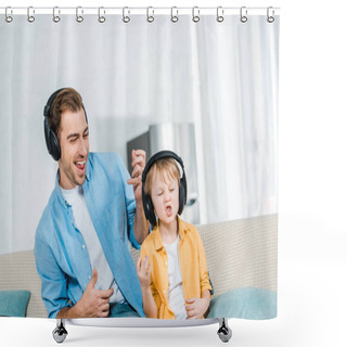 Personality  Father With Preschooler Son In Headphones Listening Music, Gesturing With Hands And Playing Imaginary Guitars At Home  Shower Curtains