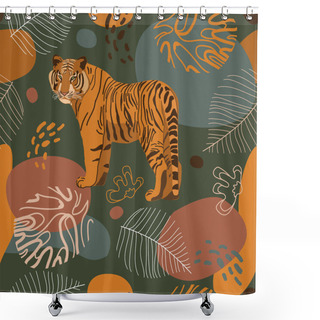 Personality  Seamless Tropical Pattern With Tiger, Leaves. African Background. Design For Wallpaper, Textile Design, Packing, Textile, Fabric. Tropics, Paradise, Resort Theme. Wild Cat, Feline Shower Curtains