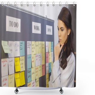 Personality  Pensive Businesswoman Thinking Near Colorful Sticky Notes On Board Shower Curtains