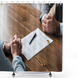 Personality  Partial View Of Hands Of Lawyer And Client, Divorce Decree And Wedding Rings On Table  Shower Curtains