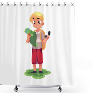 Personality  Teenage Caucasian Boy With A Backpack Studying Map, Holding Compass Shower Curtains