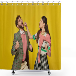 Personality  Fight, Brunette Young Woman Punching Man On Yellow Backdrop, Tension, Conflict, Confrontation Shower Curtains