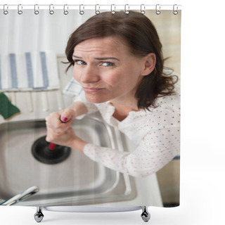 Personality  Upset Woman And Blocked Home Sink Shower Curtains