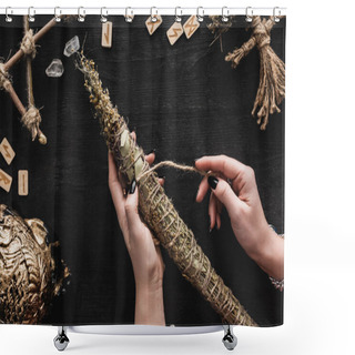 Personality  Top View Of Woman Holding Dried Herbs Near Runes, Voodoo Doll, Runes, Skull And Crystals On Black  Shower Curtains