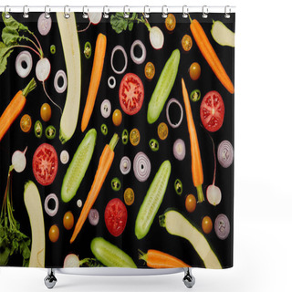 Personality  Top View Of Delicious Vegetable Pattern Background Isolated On Black Shower Curtains
