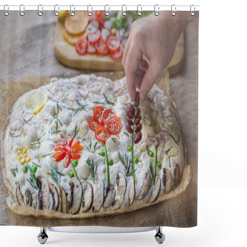 Personality  Cooking Focaccia. Raw focaccia creatively decorated with vegetables on parchment paper. Sourdough dough shower curtains