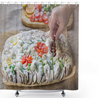 Personality  Cooking Focaccia. Raw Focaccia Creatively Decorated With Vegetables On Parchment Paper. Sourdough Dough Shower Curtains