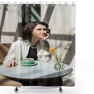 Personality  Smiling Woman Sitting At White Round Table Near Cup Of Black Aromatic Coffee, Saucer, Glass Vase With Yellow Rose And Green Plants On Summer Terrace Of Hotel Cafe In Morning Sunlight Shower Curtains