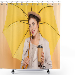 Personality  Trendy Woman In Trench Coat And Beret Holding Coffee To Go Under Yellow Umbrella On Peach Shower Curtains
