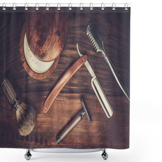 Personality  Shaving Accessories On A Luxury Wooden Background  Shower Curtains