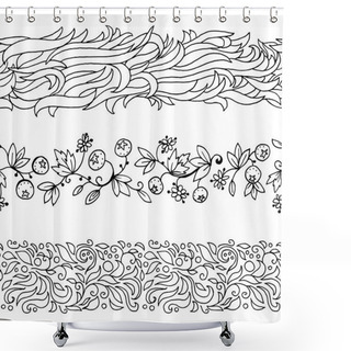 Personality  Set Of Black And White Seamless Borers, Wavy, Floral, Vintage Ornate. Vector Design Elements. Shower Curtains