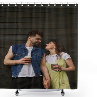 Personality  Cheerful And Stylish Romantic Couple In Summer Outfits Looking At Each Other And Holding Coffee To Go While Standing Near Wooden House In Rural Setting, Carefree Moments Concept Shower Curtains