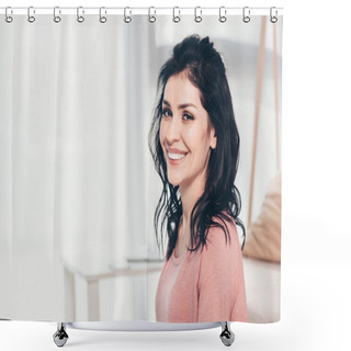 Personality  Beautiful Smiling Woman In Casual Clothes Looking At Camera And Smiling At Home With Copy Space Shower Curtains