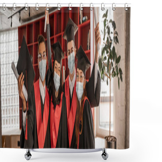 Personality  Multiethnic Students In Medical Masks, Graduation Gowns And Caps Holding Diploma, Banner Shower Curtains