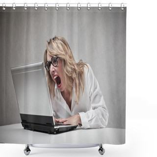 Personality  Business Woman Screaming Against Her Laptop Shower Curtains