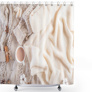 Personality  Autumn Or Winter Composition. Coffee Cup, Cinnamon Sticks, Anise Stars, Beige Sweater On Cream Color Knitted Blanket Background. Flat Lay Top View Copy Space. Shower Curtains