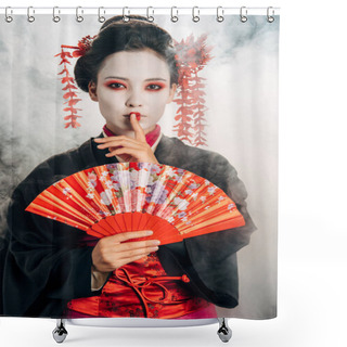 Personality  Beautiful Geisha In Black Kimono With Flowers In Hair Holding Hand Fan And Showing Shh Gesture In Smoke Shower Curtains