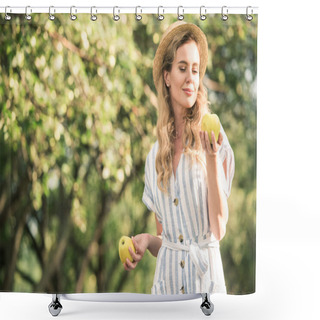 Personality  Happy Blonde Woman In Straw Hat Posing With Two Apples In Hands Shower Curtains