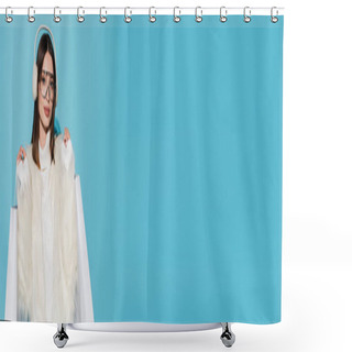 Personality  Young Woman In Earmuffs And Stylish Faux Fur Jacket Holding Shopping Bags On Blue Background, Banner Shower Curtains