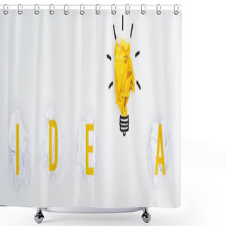 Personality  Panoramic Shot Of Crumpled Paper Balls, Idea Word And Light Bulb Illustration On White Background, Business Concept Shower Curtains
