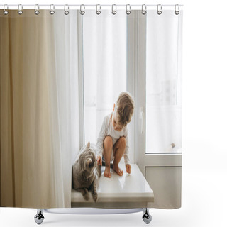 Personality  Cute Little Child With Grey British Shorthair Cat Sitting On Windowsill At Home Shower Curtains