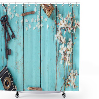 Personality  Top View Image Of Spring White Cherry Blossoms Tree, Old Camera On Blue Wooden Table Shower Curtains