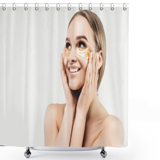 Personality  Portrait Of A Beautiful Woman With Radiant And Healthy Skin Touching Patches With Her Hands And Smiling Looking In The Direction Where There Is Room For Text On A White Background. Shower Curtains