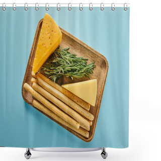 Personality  Top View Of Board With Breadsticks, Cheese And Rosemary On Blue Shower Curtains